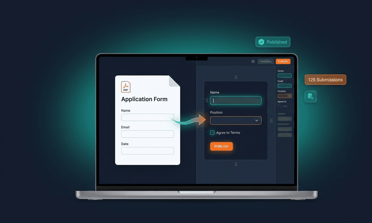 Fides PDF interface showing the form builder with drag-and-drop fields
